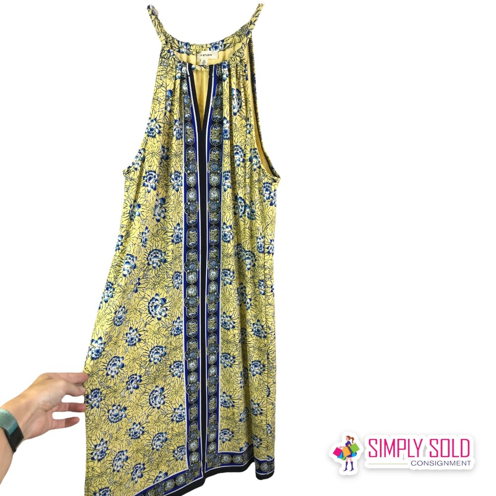 Max Studio Women's‎ Halter Dress Mid-Length Yellow Blue Sleeveless Stretch Sz XS